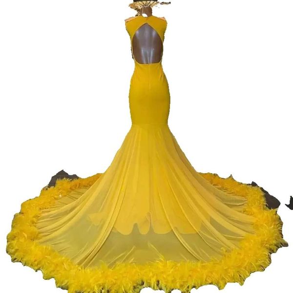 Mermaid Ebi Vestidos 2023 ASO Feathers de Prom Crystals Brillantes Tassel Badido Africano Nigeria Partidos formales Vestidos de la noche Mujeres Amarillo segundo GG