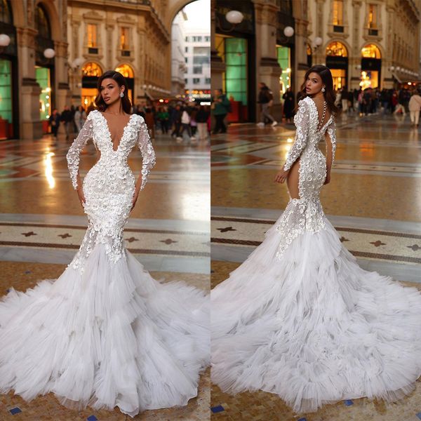 Sirena elegante apliques vestidos de novia vestidos de novia de encaje volantes manga larga con cuentas cuello en V bata de tren de barrido