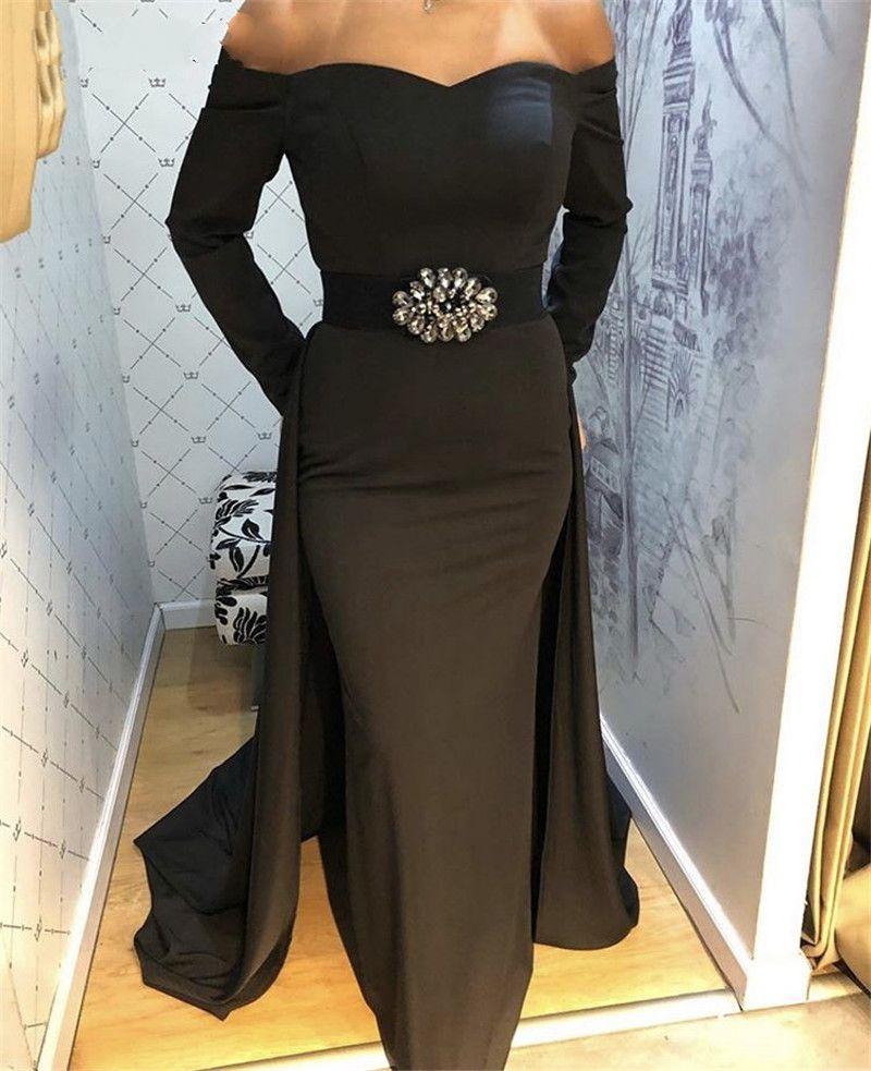 Mermaid Elegant Black Evening Long Sleeve Spandex Crystal Beaded Sash Floor Length Prom Dresses With Detachable Train Robes De Soir