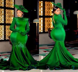 Sirène élégant robe de soirée verte pour femmes plis à manches longues ouverte de la longueur du sol