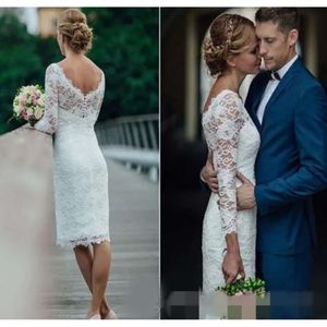 Sirène des robes en dentelle élégante genoue manches longues couvertes arrière vintage country mariage robe nuptiale vestido de novia