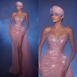 Zeemeermin elegante roze kralen nek plooien prom jurk split pailletten lange jurken voor speciale ocns avondjurken es