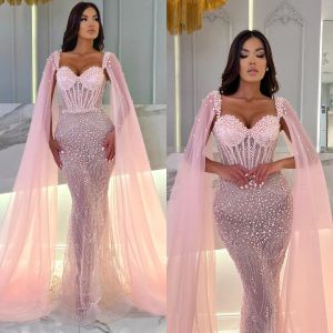 Sirène élégante robe de soirée rose avec Cape chérie perles de cristal fête bal formelle tapis rouge robe longue pour Ocn spécial