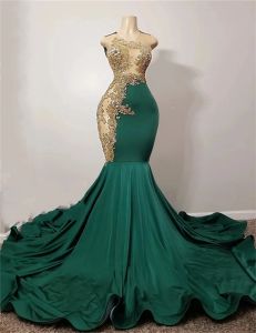 Mermaid Emerald Green Afrikaanse prom -jurk voor zwart meisje goud applique diamant kristal gillter rok avond formele jurk