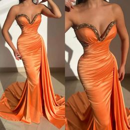 Zeemeermin avond kralen prom lieverd oranje jurken jurk sweep trein plooien formeel lange speciale ocn feestjurk