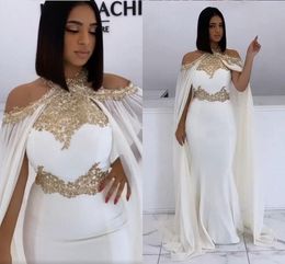 Mermaid Evening Dress 2022 Halter Beaded White and Gold Cape Arabic Dubai Prom Formal Gown Long Robe De Soiree Vestido Fiesta