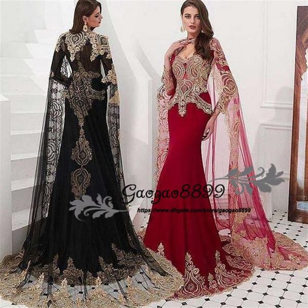 Robes de soirée sirène Dubai Abaya arabe avec longue enveloppe en dentelle dorée applique illusion tulle manches longues Occasion spéciale Prom For293F