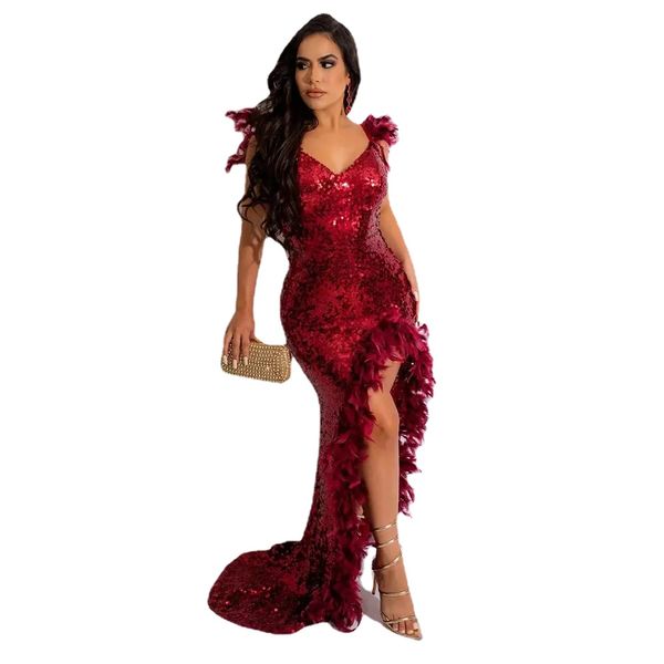 Sirena Vestidos de noche Pluma Lentejuelas de manga larga Con cuentas Alfombra roja Vestido de celebridad Vestido de fiesta formal personalizado Fiesta Tallas grandes Bodas Vestido de invitados