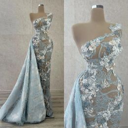 Robes de soirée sirène une épaule cou sans manches dentelle appliques paillettes concepteur sur mesure occasion formelle porter robe de bal arabe vestidos