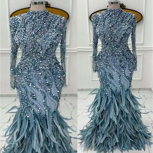 Zeemeermin avond lange high mouwen jurken jurken ontwerper nek sparkly sequis parels kralen veer vloer lengte plus size prom jurk formele aangepaste vestidos