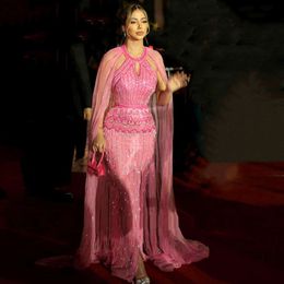 Robe de soirée sirène rose Sharon Said, dubaï, avec manches Cape, robe de mariée arabe pour femmes, robes de soirée formelles, Ss361, 2024