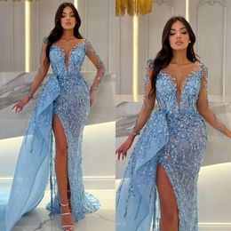 Mermaidavond hemelblauw elegante jurken illusie v nek mouwen pailletten feest prom split lange jurk voor speciale ocn