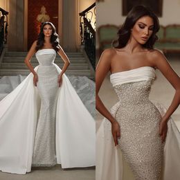 Vestidos de novia de perlas de moda de sirena vestidos de novia sexis sin tirantes tren desmontable Aso Ebi vestido de novia con cuentas brillantes árabe