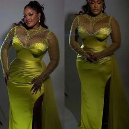 Zeemeermin voor zwarte vrouwen kleden geel prom kralen hoge nek lange mouwen jurken avond Afrikaanse plooien split plus size formele jurken es mal