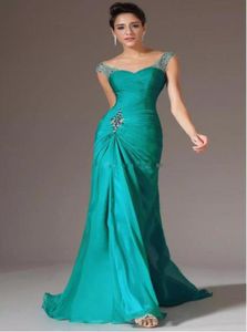 Sirène robe formelle vneck longueur de plancher turquoise mousseline de mousseline à manches de pochette de fête de plies perles de bal robes de bal de bal robes même 5641071