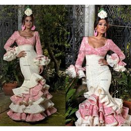 Zeemeermin formele paleisjurken avond vintage full lace lange mouw vestidos flamenca spaanse lichte ruches prom dress gewaden