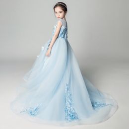 Mermaid Girl's Pageant Birthday Party Dress Light Blue Beaded Appliques Flowers Girl Princess Dress Dress Mid Kids First Communion DR 250P