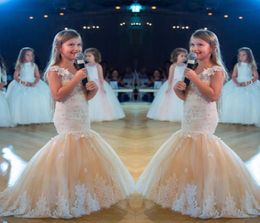 Abiti da spettacolo per ragazze a sirena per adolescenti 2017 Nuove applicazioni di pizzo bianco Champagne Tulle Flower Girl Dress Formal Kids Prom Party Gow8829884