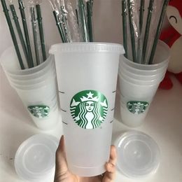 Mermaid Goddess Starbucks 24 oz / 710 ml Tazas de plástico Vaso Cambio de color Magia Original PP Reutilizable Claro Beber Fondo plano Forma de pilar Tapa Tazas de paja tazas 1102