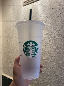 Mermaid Goddess Starbucks 24oz / 710ml Tazas de plástico Vaso Reutilizable Claro Beber Parte inferior plana Forma de pilar Tapa Tazas de paja 10pcs taza 1
