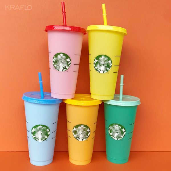Sirène Déesse Starbucks 24oz / 710ml Tasses en plastique Kraflo Tumbler Réutilisable Clair Potable Fond Plat Pilier Forme Couvercle Paille Décoloration Tasses tasse