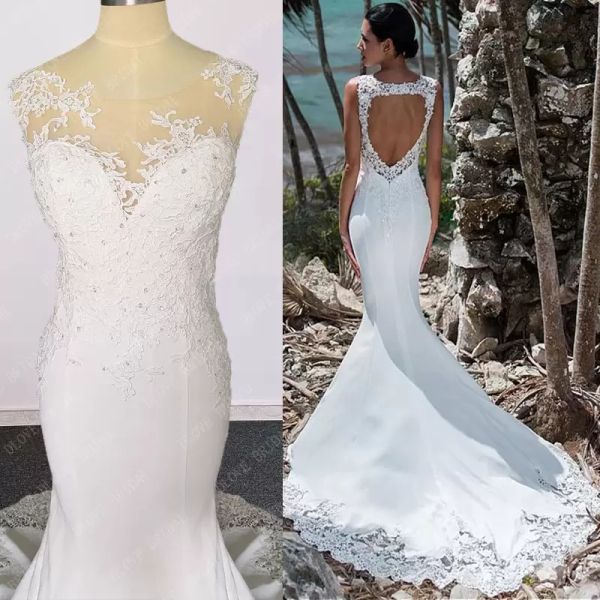 Sirène magnifique plage robes de mariée robe de mariée dentelle appliques perlée tulle dos nu encolure dégagée balayage train sur mesure robe de novia designer signataire