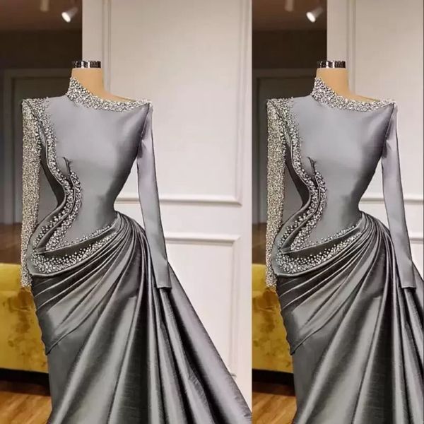 Sirène gris saoudien arabe manches longues robes de soirée porter des perles majeures paillettes taffetas robe de bal robes de robes de soirée formelles