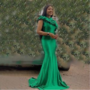 Robes de demoiselle d'honneur vertes sirène froncées, asymétrique épaule dénudée, manches longues, robe de soirée de mariage pour femmes africaines