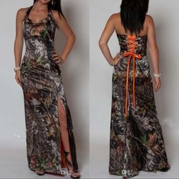 Zeemeermin Halter Camo Bruidsmeisjekleding Camouflage Lange Split Avondjurken Formele Jurk met Kant Up214g