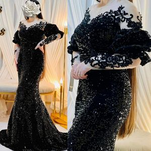 Mermaid Illusion Elegante moeder van de bruid jurken zwarte lange mouwen lovertjes lovertjes kristallen kristallen moeders jurk Afrikaanse Arabische avondjurken m145