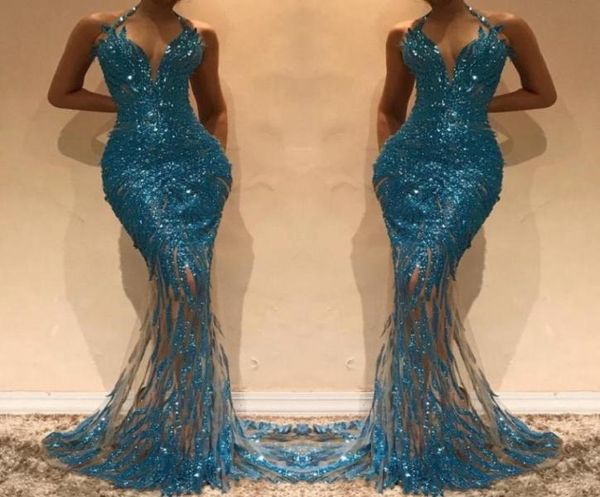 Mermaid Illusion Hunter Lentejuelas Vestidos de baile Vestidos de noche Halter Sin mangas Sexy Sin espalda Vestido de fiesta largo y barato 20191887823