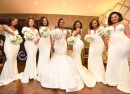 Zeemeermin ivoor Afrikaanse bruidsmeisje jurken 2021 spaghetti appliques kralen parels sweep trein tuin land bruiloft gasten jurken bruidsmeisje