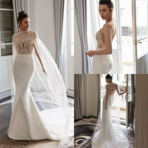 Zeemeermin Julie Vino-jurken met cape spaghettibandjes kant kralen bruidsjurken backless strand satijnen trouwjurk vestido de novia