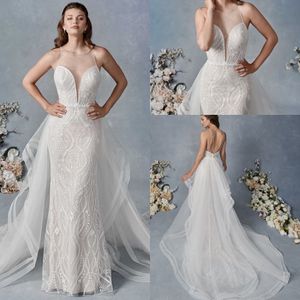 Sirène Kenneth Winston robes de mariée détachable bijou cou sans manches tulle dentelle appliques robe de mariée froncée balayage train robe de mari￩e