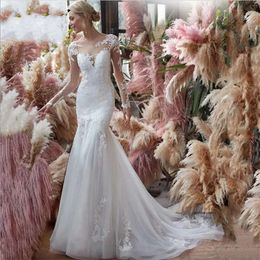 Sirène dentelle robe illusion décolleté appliques robes de mariée vintage robe de mariage gaine robes de mariée