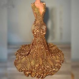 Mermaid Lace Glitter Gold Prom -jurken 2024 Sexy hatler nek kralen verjaardagsfeestjurken voor Afrikaanse vrouwen Vestidos de Gala