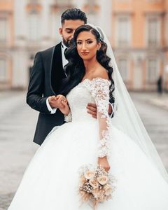 Vintage magnífico Sheer bola Vestidos de boda del vestido de 2020 Árabe cuentas apliques de encaje hinchada blanca de manga larga vestidos de boda robe de mariage BA4209