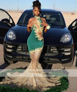 Mermaid Long Green Prom -jurken 2024 Halter Lace Appliques Veren lovertjes Verjaardagsfeestje Sparkly avondjurken Robe de Bal