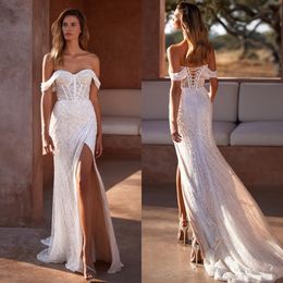 Mermaid Milla Nova Chart Wedding Jurk Off Shoulder Crystal Wedding Jurken Bridal Jurken Laces Back Split Robe de Mariage