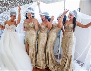Mermaid Mixed Styles Gold Bridesmaid Bling Pailletten lange bruidsmeisje split plus size trouwfeest gastjurken jurken