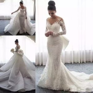 Mermaid bescheiden bruidsjurken Lange mouwen Elegant land westerse vrouwen bescheiden op maat gemaakte trouwjurken Vestido de novia Big Bownot