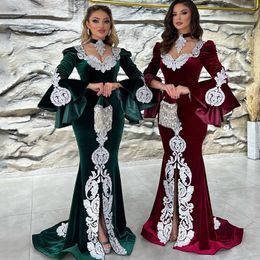 Sirène marocaine Caftan robes de soirée bordeaux chasseur vert velours Dubaï saoudien arabe fée manches longues Appliques robe de bal