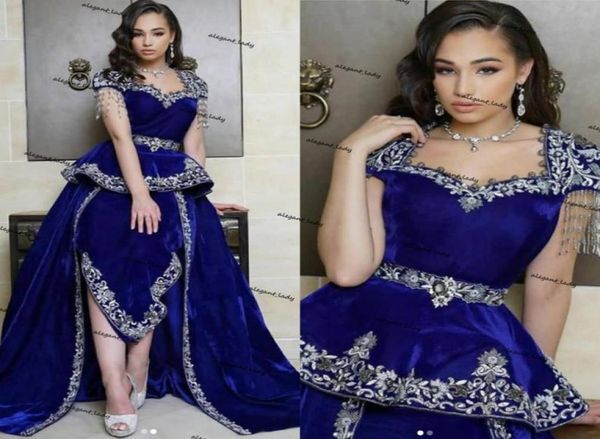 Sirène caftan marocain robes de bal avec gland bleu royal peplum tenues algériennes Karako velours appliques robe de soirée islamique6142529