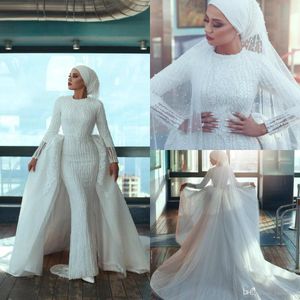 Sirena musulmana rebordear vestidos de novia vestido de novia de manga larga con sobrefalda cuello joya tren de barrido apliques de encaje cristales vestidos de novia
