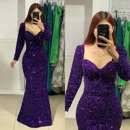 Zeemeermin moslimavond mouwen pailletten purples jurken jurken feest prom sweep trein lange jurk voor speciale ocn