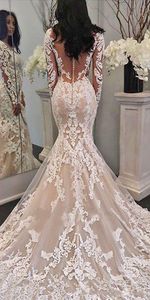 Sirène Nouvelle robes de mariée arabe Appliques de dentelle blanche manches longues illusion bouton transparent de balayage de balayage