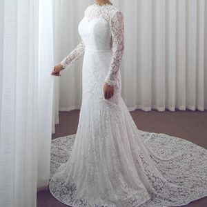 Mermaid nieuwe designer jurken betau nek kanten applique lange mouwen backless hof trein bruidsjurken trouwjurk Vestidos