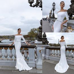 Sirène les plus récentes robes de mariée blanches Bateau Neck Butte Per perle Split Splid Robe Robe Celt Made Satin Vestidos de Novia