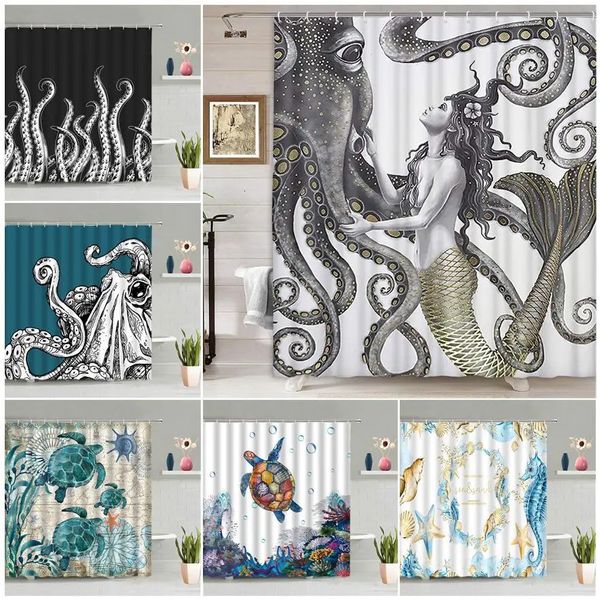 Juego de cortinas de ducha con pulpo de sirena, animales de fantasía náuticos abstractos, tentáculos, tortugas marinas, cortinas de baño, conjuntos de decoración de baño 240105