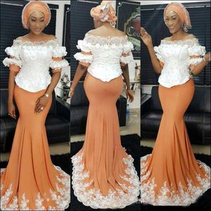 Zeemeermin van de schouderavondjurken Elegant applique kant zeemeermin satijn prom jurken plus size aso ebi African 308c